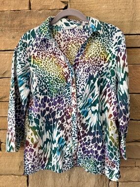 Lightweight Irish Linen Jewel Toned Animal-Print Breezy Button-Up 3/4 SleeveTop